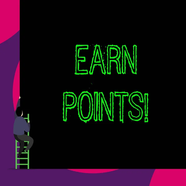 Handwriting text Earn Points. Concept meaning collecting scores in order qualify to win big prize Back view young man climbing up staircase ladder lying big blank rectangle.