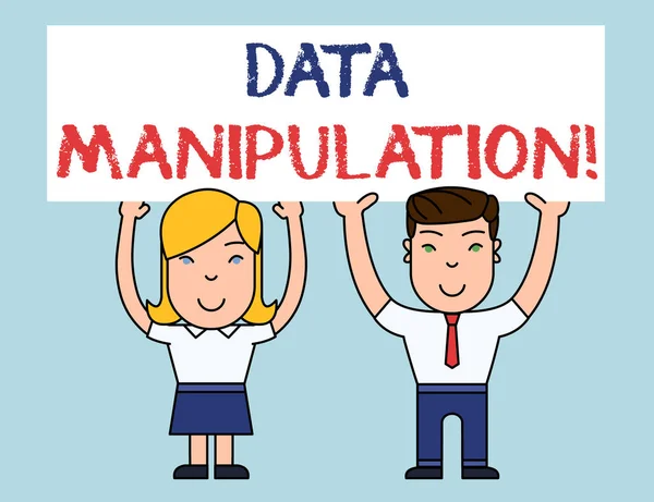 Writing note showing Data Manipulation. Business photo showcasing the process of changing data to make it easier to read Two Smiling People Holding Poster Board Overhead with Hands.