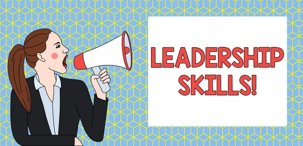 Handwriting text writing Leadership Skills. Concept meaning Skills and qualities that leaders possess Taking a lead Young Woman Jacket Ponytail Shouting into Loudhailer Rectangular Text Box.