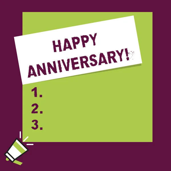 Word writing text Happy Anniversary. Business concept for The annually recurring date of a past event celebration Speaking trumpet on left bottom and paper attached to rectangle background. — Stock Photo, Image