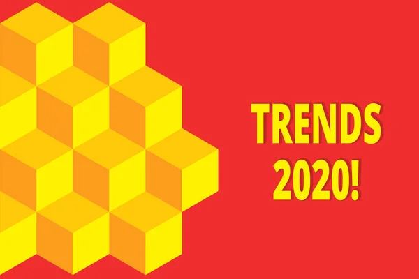 Tekstteken toont Trends 2020. Conceptuele foto algemene richting waarin iets is het ontwikkelen of veranderen van icoon gekleurde isometrische kubussen half effen achtergrond. Abstract futuristisch. — Stockfoto