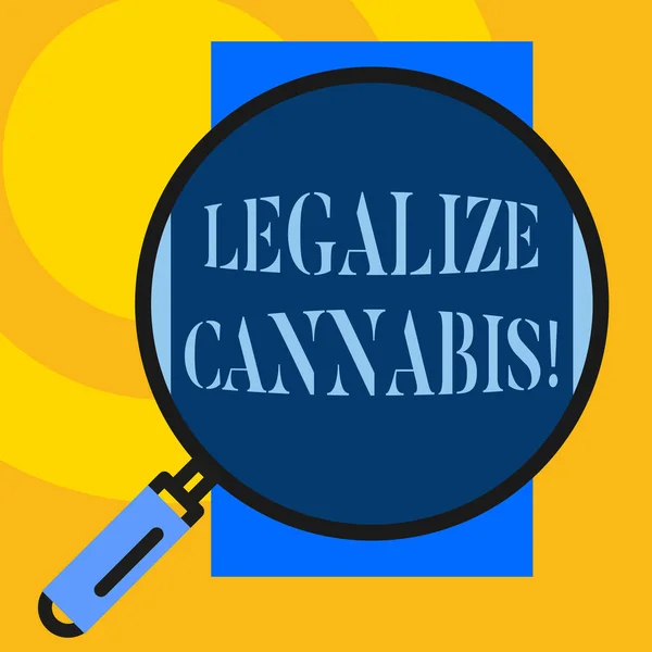 合法化大麻を示すテキスト記号。レクリエーション大麻を合法化した概念的な写真の法律は、全国の大きな拡大鏡のガラスが垂直長方形を探して使用します。幾何学的背景. — ストック写真