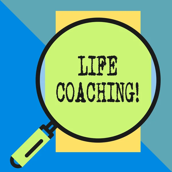 Handwriting text Life Coaching. Concept meaning demonstrating employed to help showing attain their goals in career Big magnifier glass looking vertical rectangle. Geometrical background.