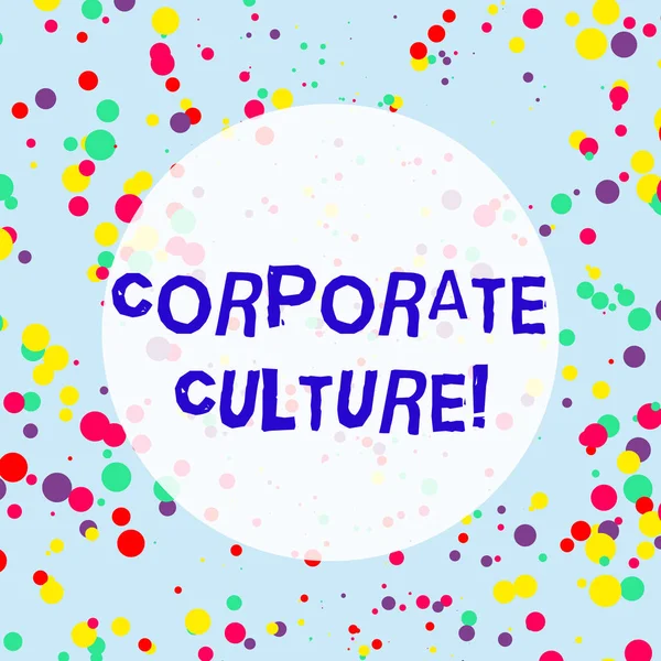 Handwriting text Corporate Culture. Concept meaning beliefs and attitudes that characterize a company Multicolored Confetti Round Inkblots Randomly Scattered Blue Background.