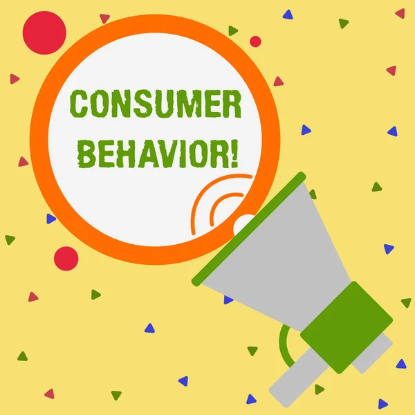 Εννοιολογική γραφή στο χέρι που δείχνει τη συμπεριφορά των καταναλωτών. Επιχειρηματική φωτογραφία που προβάλλει μελέτη για το πώς Μεμονωμένοι πελάτες αλληλεπιδρούν με το brand μιλώντας τρομπέτα στρογγυλό με περίγραμμα ομιλίας ανακοίνωση. — Φωτογραφία Αρχείου