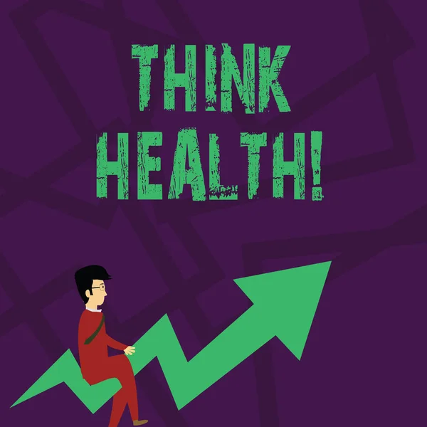 Segno di testo che mostra Think Health. Stato fotografico concettuale di completo benessere mentale e sociale fisico Uomo d'affari con occhiali Equitazione Freccia a colori storta Indicazione Salendo . — Foto Stock