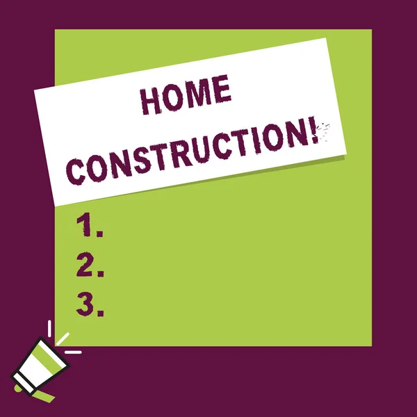 Word skriva text Home Construction. Affärs idé för processen att bygga en levande Boende talande trumpet på vänster botten och papper fäst vid rektangelns bakgrund. — Stockfoto