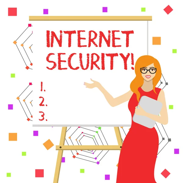 文字文字安全。安全的商业概念, 完全处理基于互联网的威胁白色女性在眼镜站在空白白板在立场展示. — 图库照片
