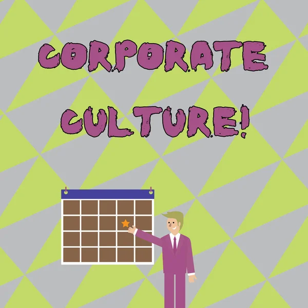 Handwriting text writing Corporate Culture. Concept meaning beliefs and attitudes that characterize a company Businessman Smiling and Pointing to Colorful Calendar with Star Hang on Wall.