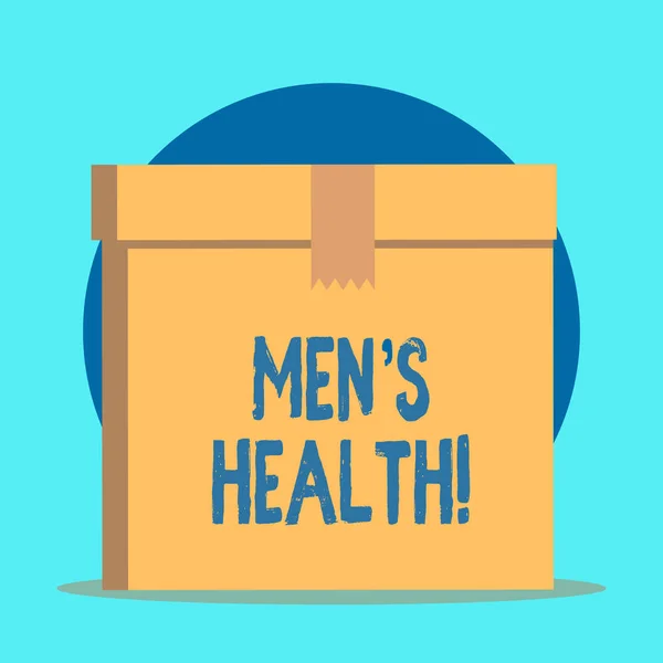 Writing note showing Men S Health. Business photo showcasing state of complete physical mental and social well being by analysis Rectangular equal size hard carton cardboard with irregular zigzag tape