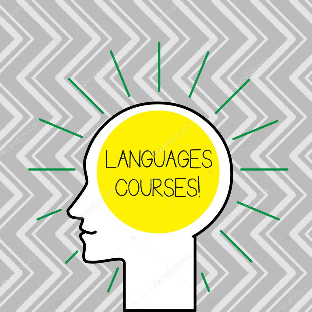 Text sign showing Languages Courses. Conceptual photo set of classes or a plan of study on a foreign language Outline Silhouette Human Head Surrounded by Light Rays Blank Text Space.