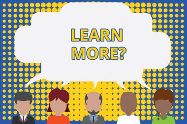 Daha fazlasını öğrenin sorusu gösteren Not yazma. İş fotoğrafı sergileyen kazanç bilgi veya beceri pratik okuyan beş farklı kişi konuşma balonu paylaşımı Insanlar konuşuyor.