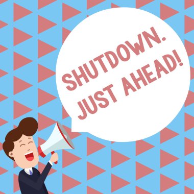 Sadece Ahead kapatma gösteren Not yazma. İş fotoğrafı kapanış fabrika iş ya kısa zaman ya da sonsuza kadar sergileyen megafon yüzen yuvarlak konuşma kabarcık genç adam çığlık.