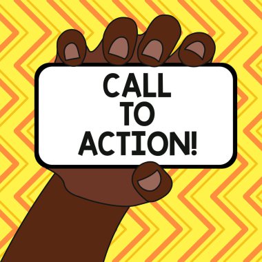 Eylem çağrısı gösteren metin işareti. Kavramsal fotoğraf teşvik sırayla boş ekran ve metin alanı ile elle Held Smartphone cihaz sorun closeup ile amacı elde bir şey yapmak.