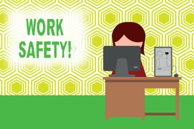 Çalışma güvenliği gösteren metin işareti. Çalışanların sağlığını sağlamak için yerinde kavramsal fotoğraf politikaları ve prosedürleri genç kadın çalışma ofisi oturma masaüstü bilgisayar ofis monitör fotoğraf.