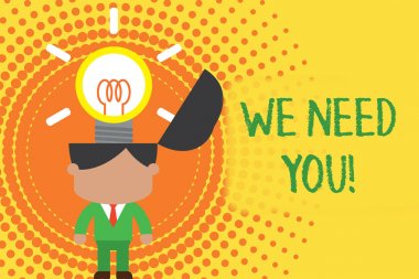 Size Ihtiyacımız olduğunu gösteren Not yazma. Birinin belirli bir iş veya hedef için birlikte çalışmasını soran iş fotoğrafı vitrin başarılı adam takım elbise kravat yenilikçi çözümler kabaran.