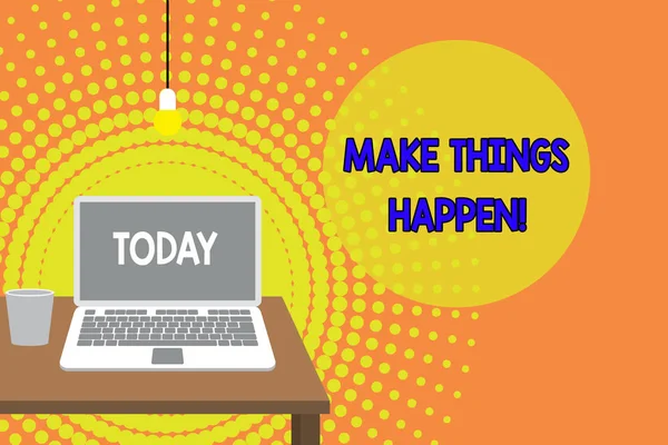 Handwriting text writing Make Things Happen. Concept meaning you will have to make hard efforts in order to achieve it Front view open laptop lying on wooden desktop light bulb falling glass.