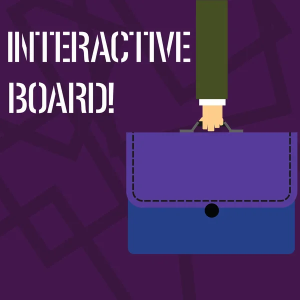 Text sign showing Interactive Board. Conceptual photo standalone touchscreen computer used independently Businessman Hand Carrying Colorful Briefcase Portfolio with Stitch Applique.