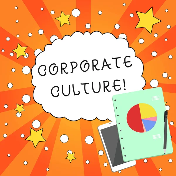 Writing note showing Corporate Culture. Business photo showcasing beliefs and attitudes that characterize a company Layout Smartphone Off Ballpoint Notepad Business Pie Chart.