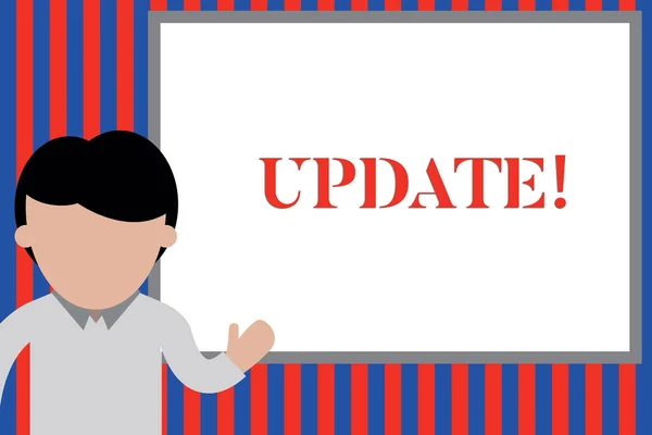 Het schrijven nota die update toont. Business Photo presentatie maken iets meer moderne of up-to-date als software programma jonge man staande in front whiteboard wijst naar project. Foto Art. — Stockfoto