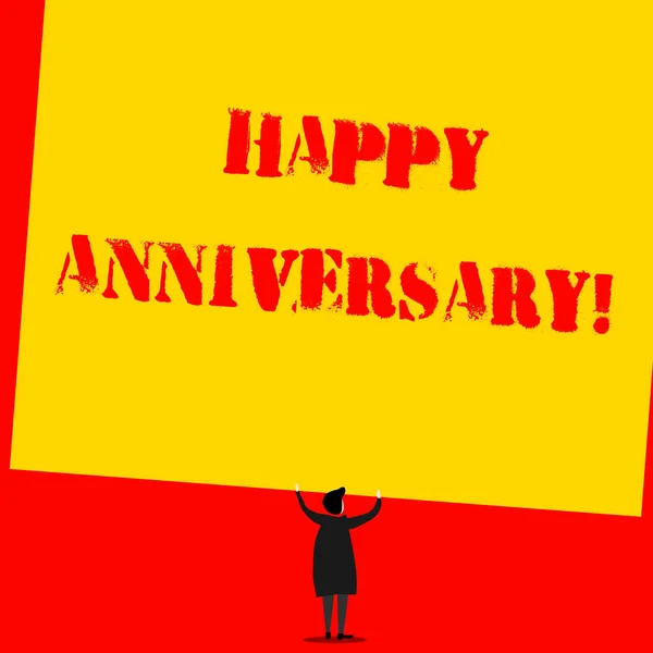 Text sign showing Happy Anniversary. Conceptual photo The annually recurring date of a past event celebration Man stands in back view under huge empty blank big tilted rectangle board. — Stock Photo, Image