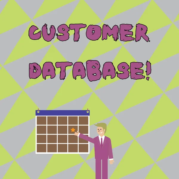 顧客データベースを書き込む手書きテキスト。顧客情報記録とデータのビジネスマンに対する uptodate の概念と、スターが壁にハングアップするカラフルなカレンダーを指している. — ストック写真