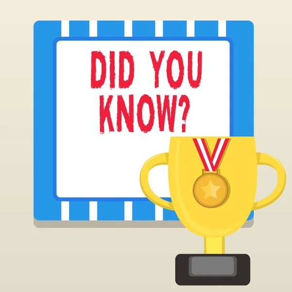 Word writing text Did You Know Question. Business concept for when you are asking someone if they know fact or event Trophy Cup on Pedestal with Plaque Decorated by Medal with Striped Ribbon.