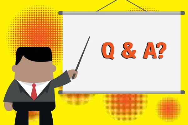 Handwriting text writing Q And A Question. Concept meaning in which demonstrating asks questions and another one answers them Businessman standing in front projector screen pointing project idea.