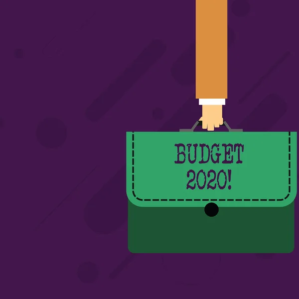 Ord skrivning text budget 2020. Affärs idé för uppskattning av inkomster och utgifter för nästa eller innevarande år affärs man hand redovisade färgglada portföljen portfölj med Stitch Applique. — Stockfoto