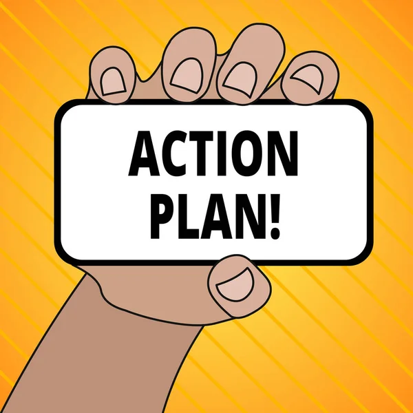 Text sign showing Action Plan. Conceptual photo proposed strategy or course of actions for certain time Closeup of Smartphone Device Held in Hand with Blank Screen and Text Space.