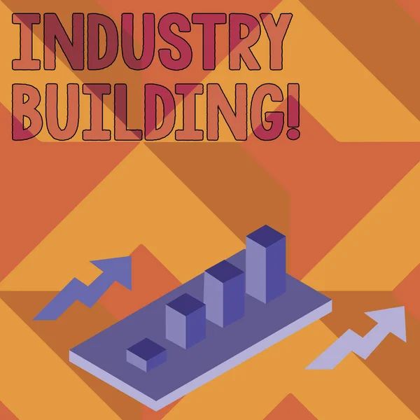 Γράφοντας σημείωμα που δείχνει το κτίριο βιομηχανία. Επιχειρηματική φωτογραφία ανάδειξη εργοστάσια και άλλες εγκαταστάσεις που χρησιμοποιούνται για την ανάλυση γράφημα ράβδων συμπλέγματος 3D σε προοπτική με δύο βέλη. — Φωτογραφία Αρχείου