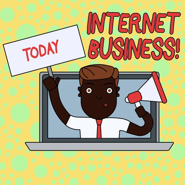 Writing note showing Internet Business. Business photo showcasing business or commercial transactions that take place online Man Speaking Through Laptop into Megaphone Plate with Handle.