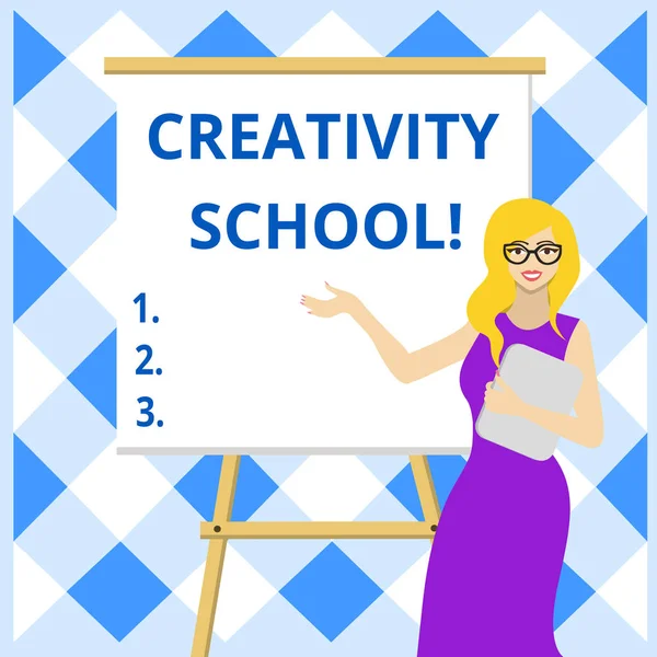 Conceptual hand writing showing Creativity School. Business photo showcasing students are able to use imagination and critical thinking Female in Glasses Standing Whiteboard on Stand Presentation.