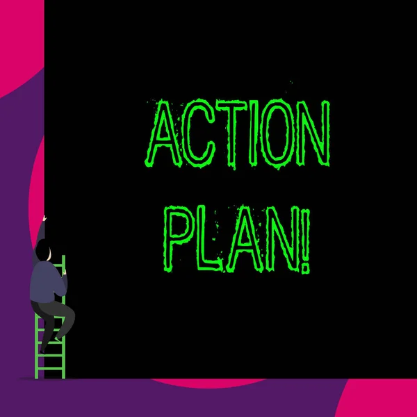 Handwriting text Action Plan. Concept meaning proposed strategy or course of actions for certain time Back view young man climbing up staircase ladder lying big blank rectangle.