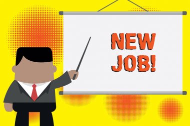 Yeni Iş yazma el yazısı metni. Kavram anlamı son zamanlarda düzenli istihdam Iş Işadamı ayakta ön projektör ekran proje fikri işaret ödenen sahip.