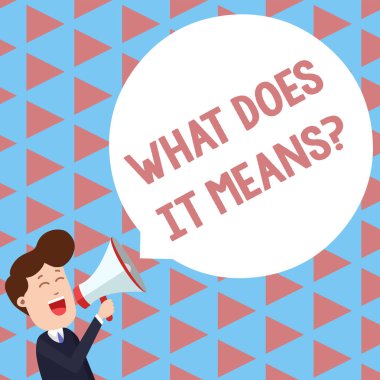 Ne soru demek olduğunu gösteren Not yazma. İş fotoğraf vitrine bir şey anlam soran göstermek ve anlamıyor genç adam bağırarak megafon yüzen yuvarlak konuşma kabarcık.