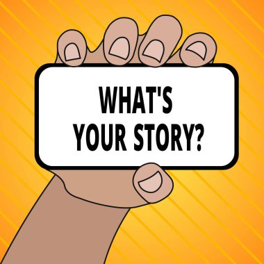 Sizin hikaye soru S gösteren metin işareti. Onun geçmiş yaşam eylemleri kariyer ya da olaylar hakkında göstermek soran kavramsal fotoğraf akıllı telefon cihazı çekim boş ekran ve metin SP ile el Held