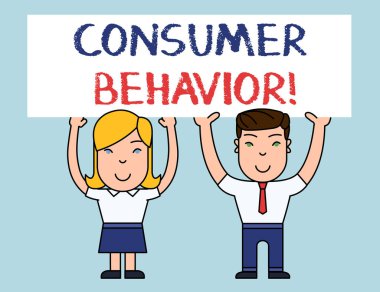 Tüketici davranışı gösteren Not yazma. Bireysel müşterilerin markayla nasıl etkileşimde bulunduğunu inceleyen iş fotoğrafı vitrine iki gülümseyen insanlar Holding poster kurulu el ile tepegöz.