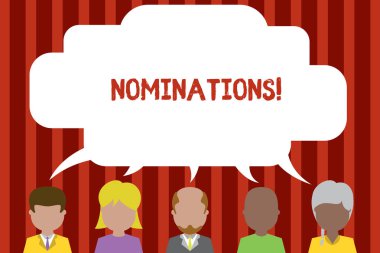 Kavramsal el yazma adaylıkları gösteren. Aday veya devlet ödül için aday olmak eylem vitrine iş fotoğraf beş farklı kişi konuşma balonu paylaşımı Insanlar konuşuyor.