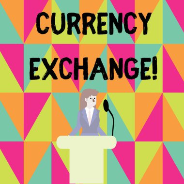 Metin döviz değişimi Word yazma. Bir para birimi başka bir Işkadını için takas edilecektir oranı için iş kavramı podyum arkasinda ayakta kablosuz mikrofon konuşma.