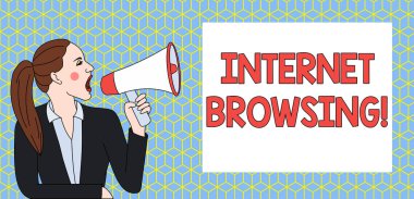 Internet tarama yazma el yazısı metin. Kavram anlam davranış bir dizi bilgi hızlı bir şekilde bakarak genç kadın ceket Ponytail loudhailer içine çığlık dikdörtgen metin kutusu.