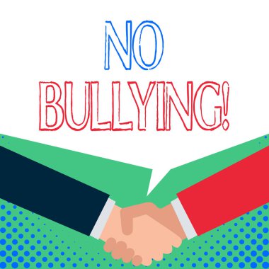 Word yazma metin zorbalık yok. Çocuklar Güç dengesizliği arasında saldırgan davranış durdurmak için iş kavramı yukarıda boş konuşma balonu paylaşan bir anlaşma gösteren sallayarak sadece iki erkek eller.
