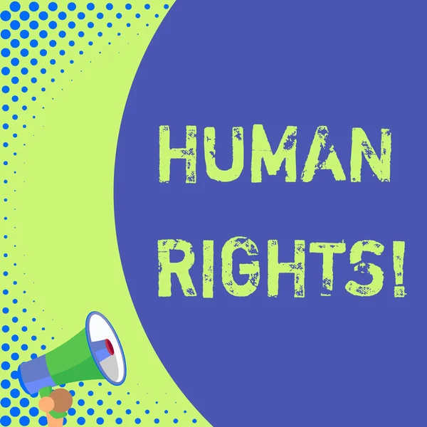 Text sign showing Huanalysis Rights. Conceptual photo the equality of fighting for your rights individuality Half part blank huge balloon empty text with small megaphone. Announcement. — Stock Photo, Image