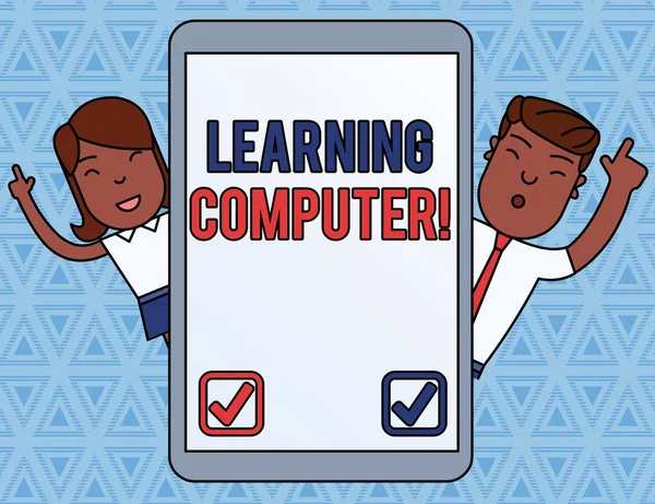 Handwriting text Learning Computer. Concept meaning learn more about each of the components in the computer Male and Female Index Fingers Up Touch Screen Tablet Smartphone Device. — Stock Photo, Image
