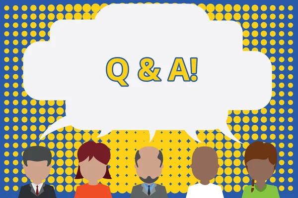 Writing note showing Q And A. Business photo showcasing defined as questions being asked and answers Five different persons sharing speech bubble People talking.