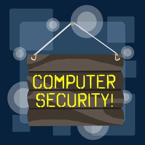 手書きテキストによるコンピュータセキュリティの記述盗難や損傷からコンピュータシステムの保護を意味する概念は、ブランク看板プレートをフック。ハングのためのロペと空の木製の看板. — ストック写真