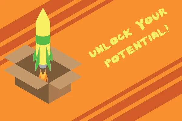 Word writing text Unlock Your Potential. Business concept for release possibilities Education and good training is key Fire launching rocket carton box. Starting up project. Fuel inspiration.