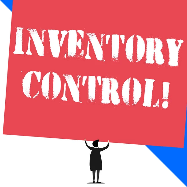 Conceptual hand writing showing Inventory Control. Business photo showcasing regulating and maximising your company s is inventory Standing short hair woman dress hands up holding rectangle.