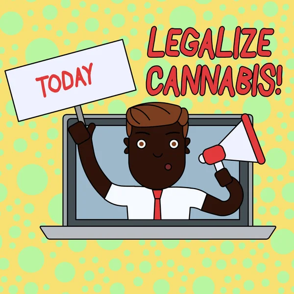 合法化大麻を示すメモを書く。レクリエーションの大麻の使用を合法化法律を紹介するビジネス写真を紹介します。ノートパソコンを通じて、全国の男は、ハンドルでメガホンプレートに. — ストック写真