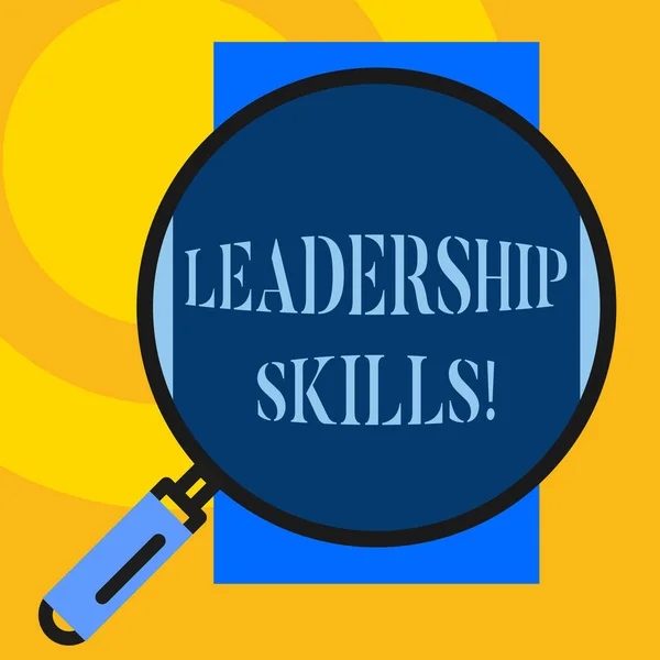 Text sign showing Leadership Skills. Conceptual photo Skills and qualities that leaders possess Taking a lead Big magnifier glass looking vertical rectangle. Geometrical background.